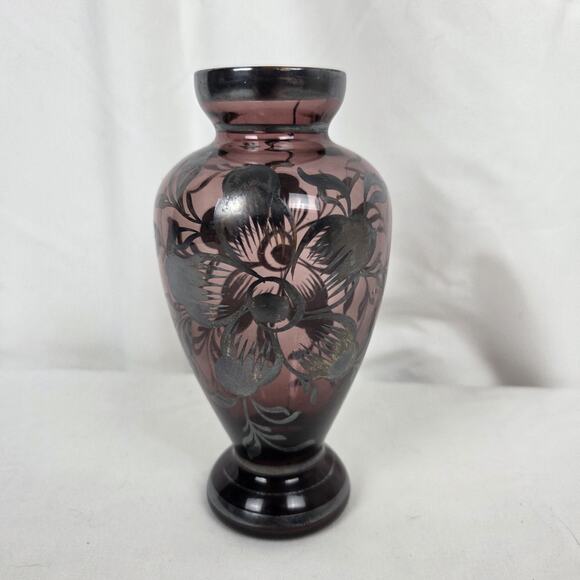 Vintage Amethyst Hand Blown Glass Vase Floral Silver Overlay 5.5" Purple Flowers - Picture 3 of 12